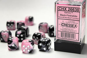 Gemini 16mm d6 Black-Pink/white Dice Block (12 dice) - Sweets and Geeks